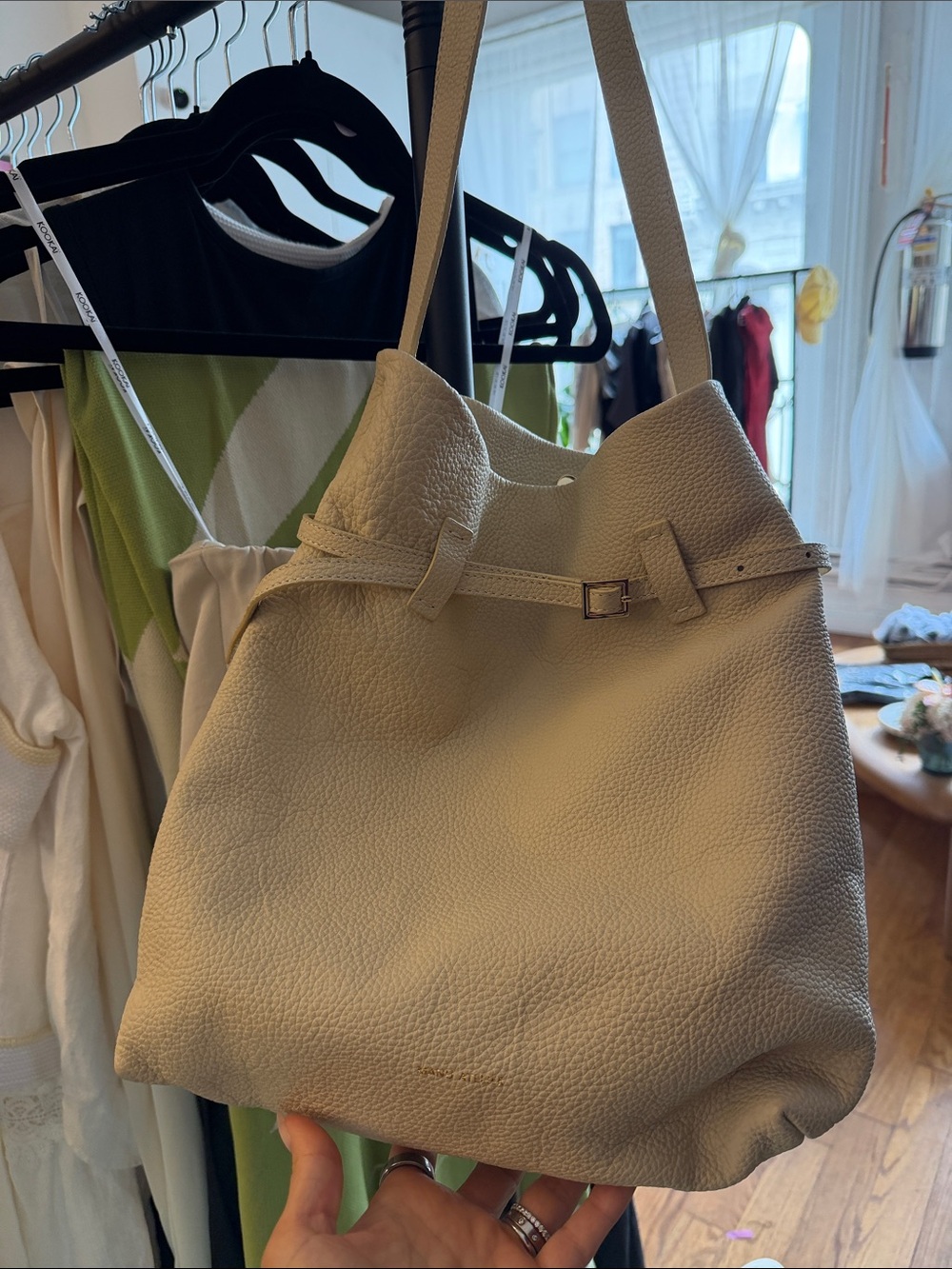 Soft Cream Leather Bucket Shoulder Bag with Belt Detail